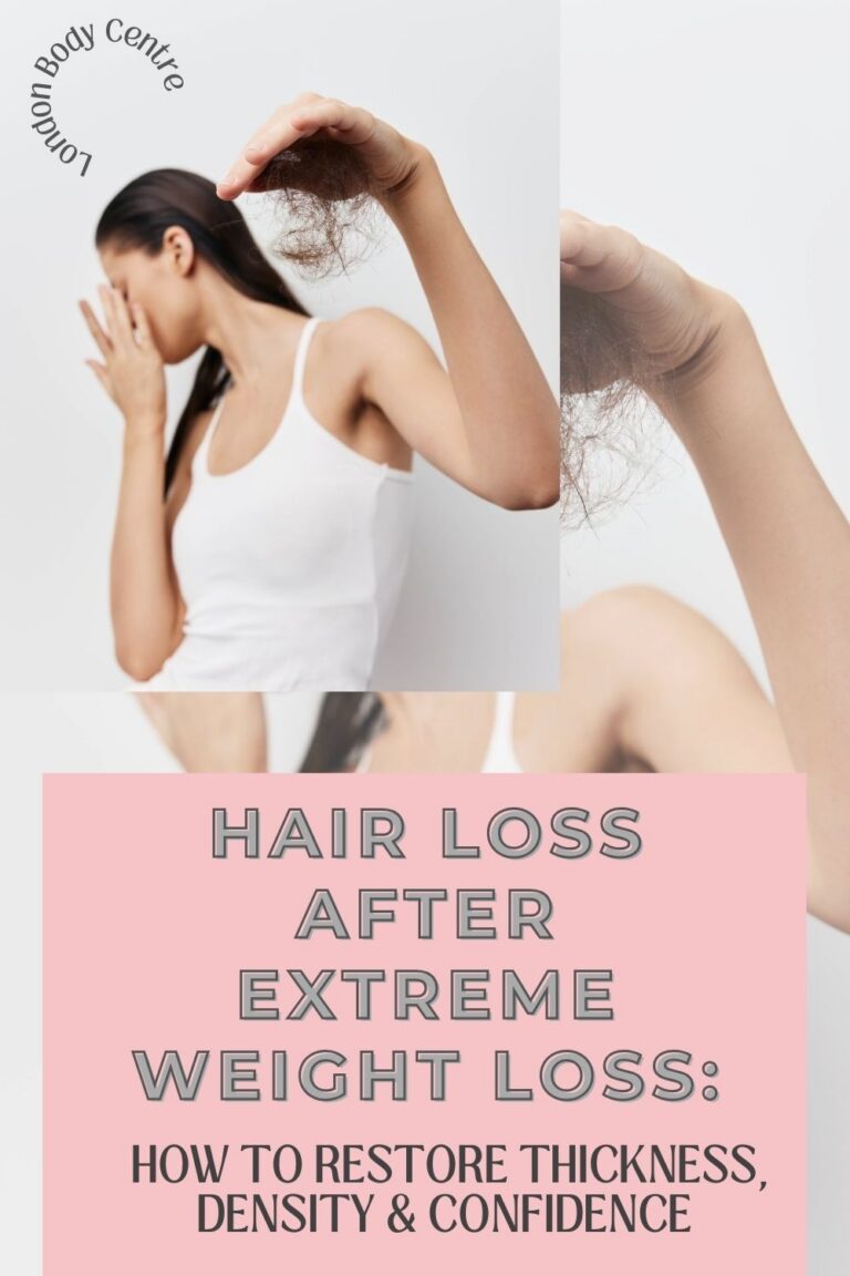 Woman experiencing hair loss after extreme weight loss, illustrating hair thinning and reduced hair density.