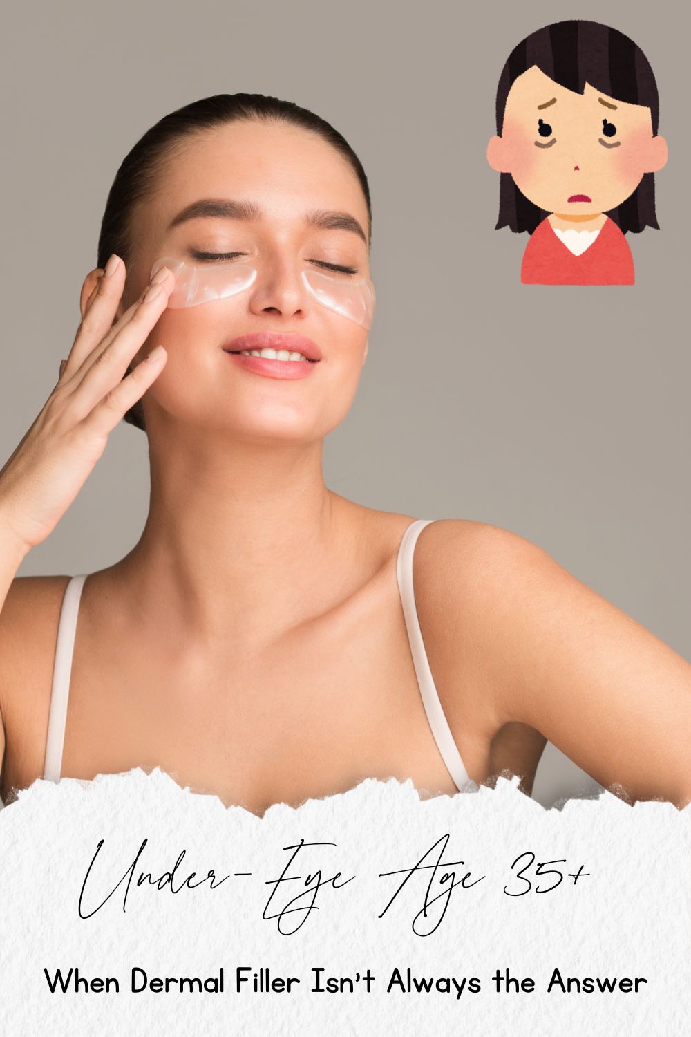Woman in her 30s looking thoughtfully at her reflection, highlighting under-eye concerns.
