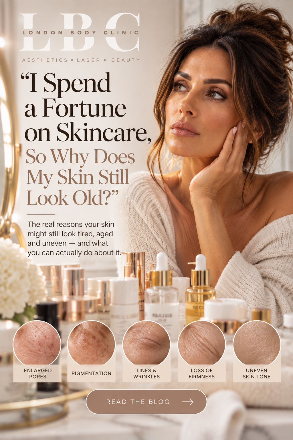 Woman looking at ageing skin despite expensive skincare – skin rejuvenation treatments at London Body Clinic