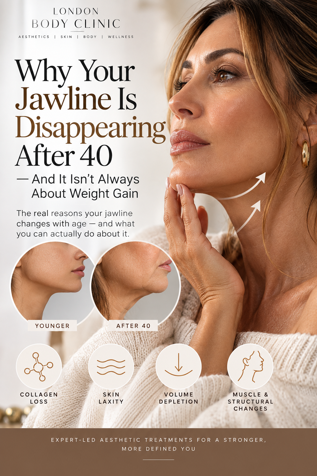 Woman over 40 concerned about disappearing jawline and jowls – jawline treatment London Body Clinic