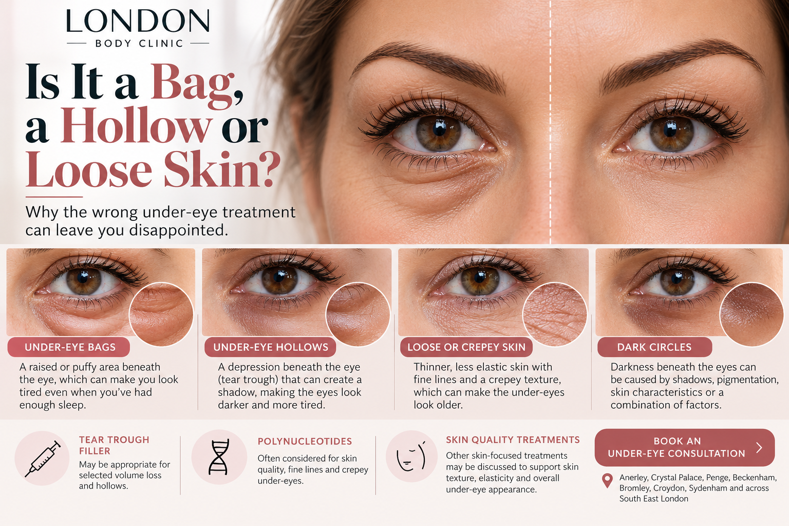 Under-eye bags, hollows and crepey skin treatment consultation at London Body Clinic